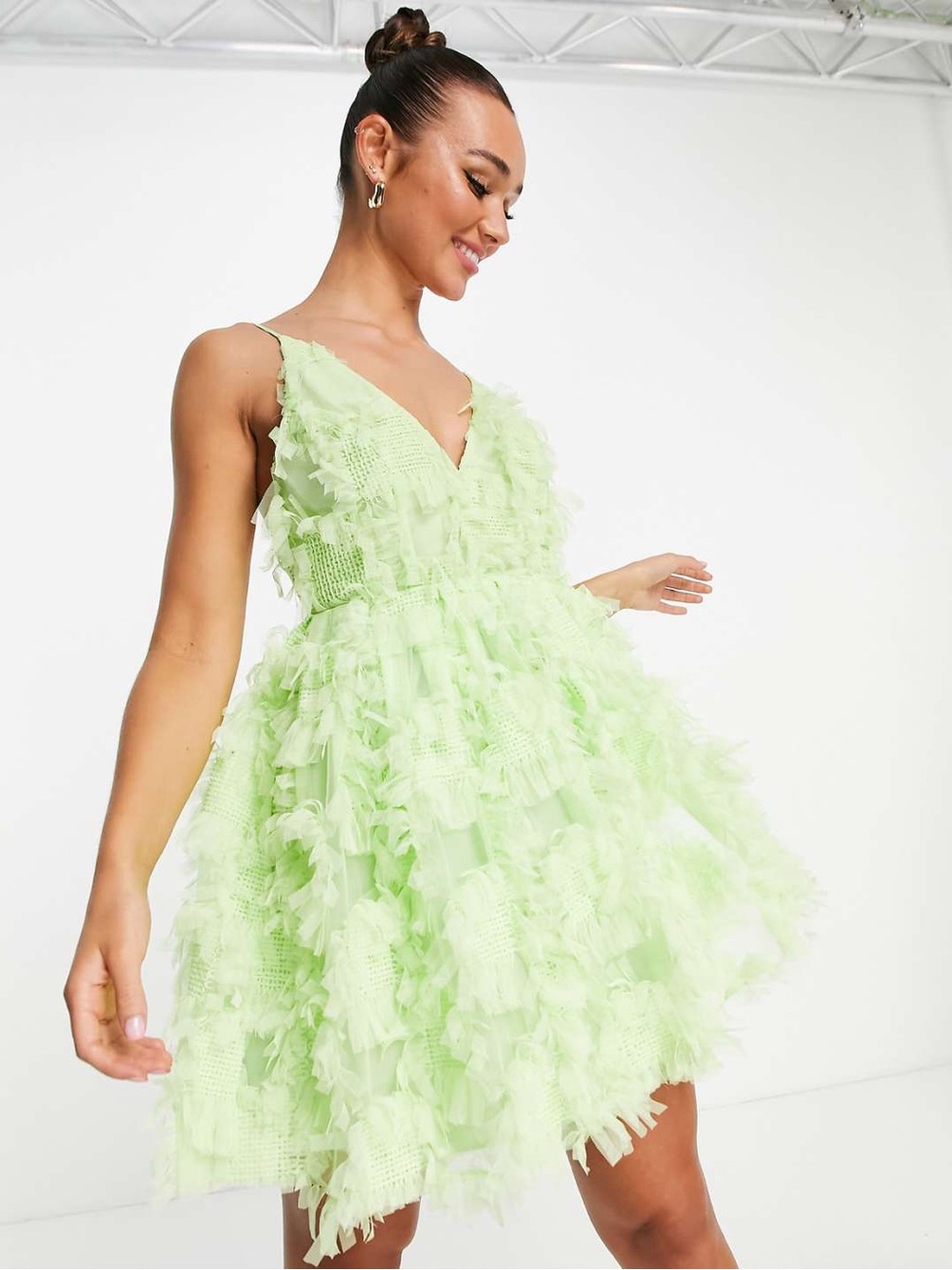 ASOS EDITION textured mesh cami mini dress full skirt apple green SZ 2 cocktail